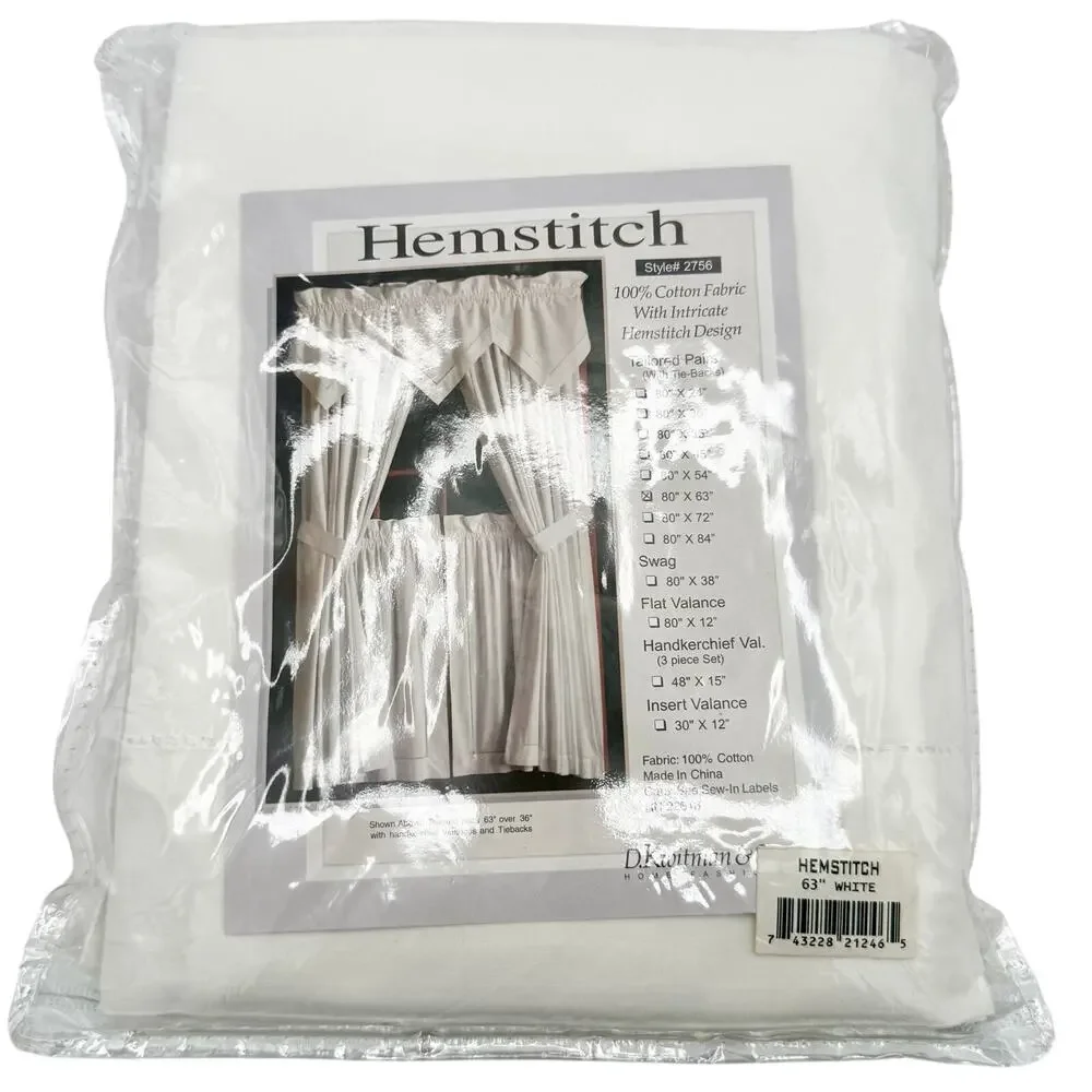 Vintage White Hemstitch Cotton Curtain Panels 80x63 Tailored Pair w/ Tiebacks‎